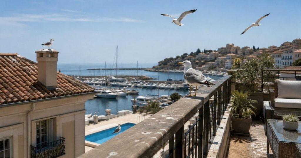 Seagulls on a terrace, roof and pool near a coastal area