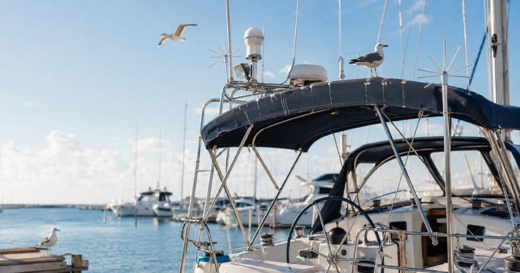 Boat in a marina with seagulls and seagull deterrent systems protecting the mast, bimini and deck