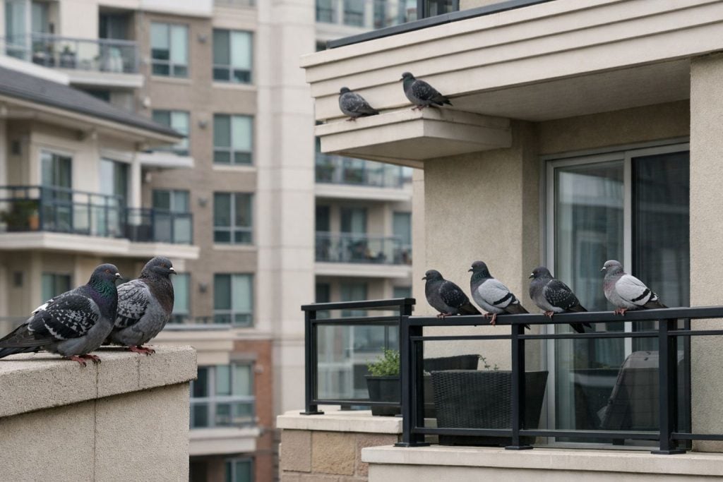 Pigeons in apartment buildings on balconies and building ledges