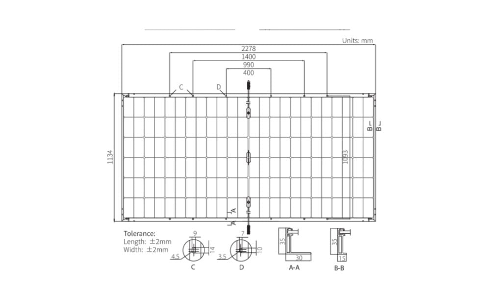 Solar panel data sheet showing A-A and B-B sections to check whether BB-BoxClip-50s are needed