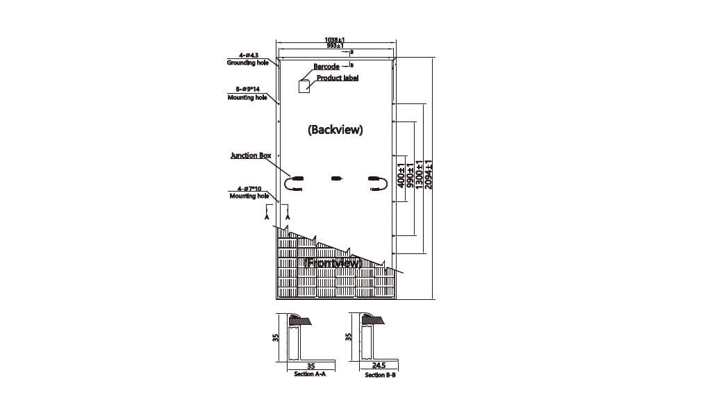 Solar panel with a B-B section wider than 18 mm compatible with standard BirdBlocker clips