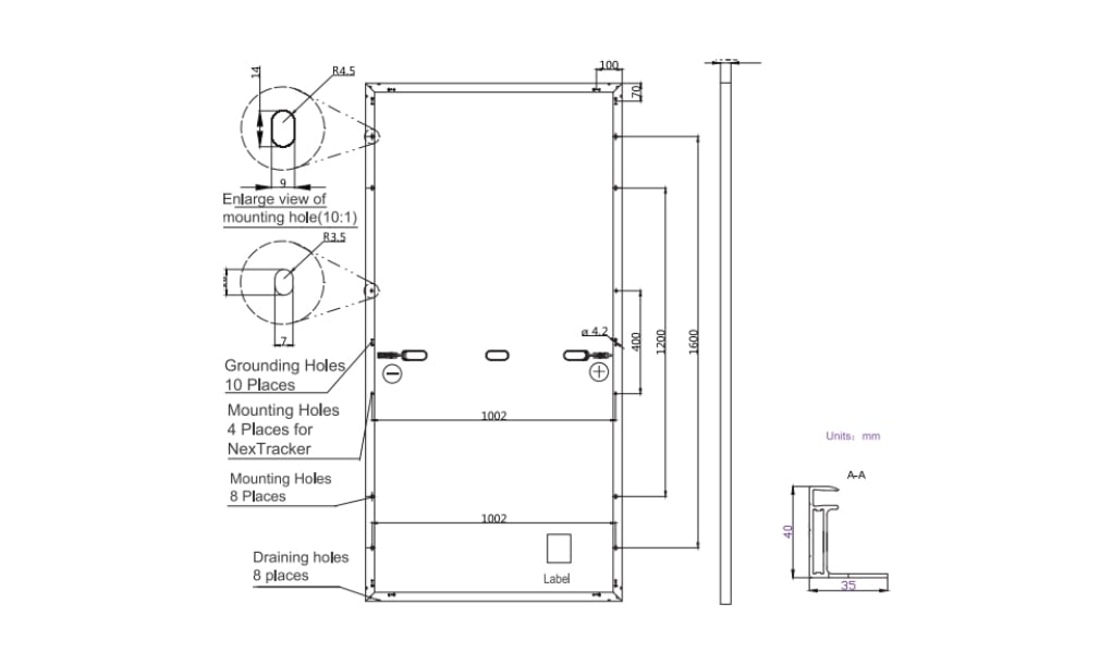 Solar panel data sheet showing a single A-A frame section compatible with standard BirdBlocker clips