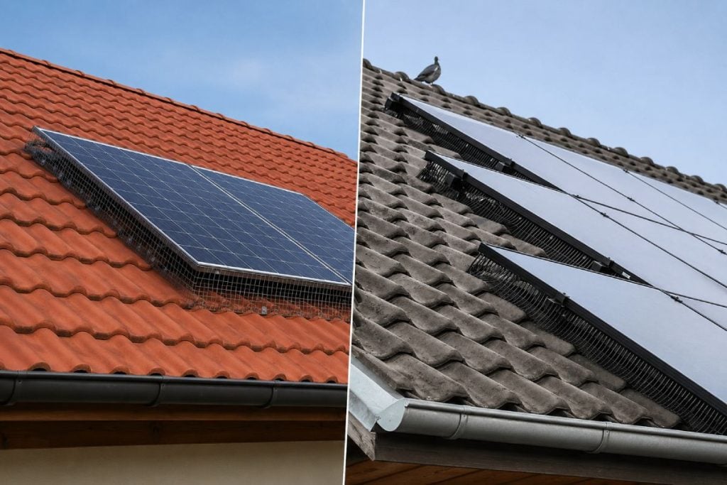 Comparison between BirdBlocker and anti-pigeon mesh for protecting solar panels from pigeons