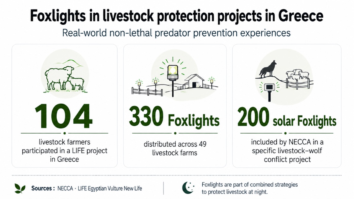 Data on the use of Foxlights in livestock protection projects against wolves in Greece