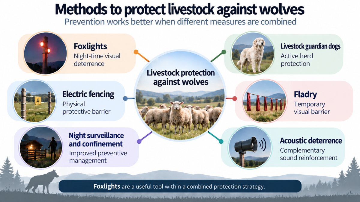Methods for protecting livestock from wolves using Foxlights, livestock guardian dogs and fencing