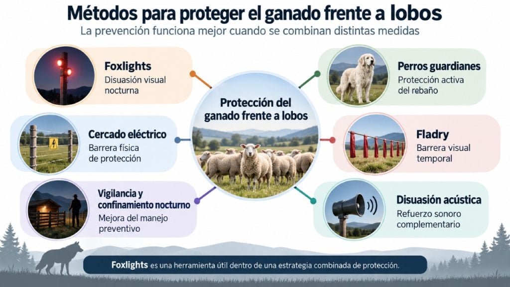 Métodos para proteger el ganado frente a lobos combinando Foxlights, perros guardianes y cercados